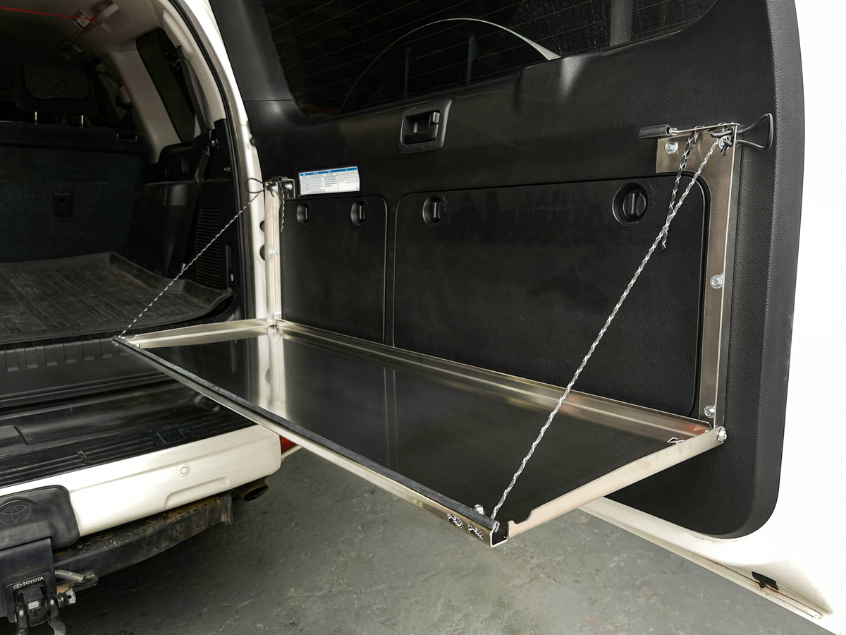 Rear Door Drop Down Table to suit Toyota Prado 150 / Lexus GX 460 [Natural Stainless]