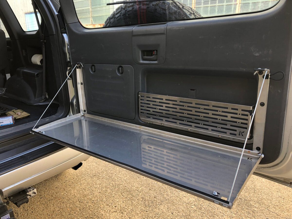 Rear Door Drop Down Table and Cage to suit Toyota Prado 120 / Lexus GX 470 [Natural Stainless]