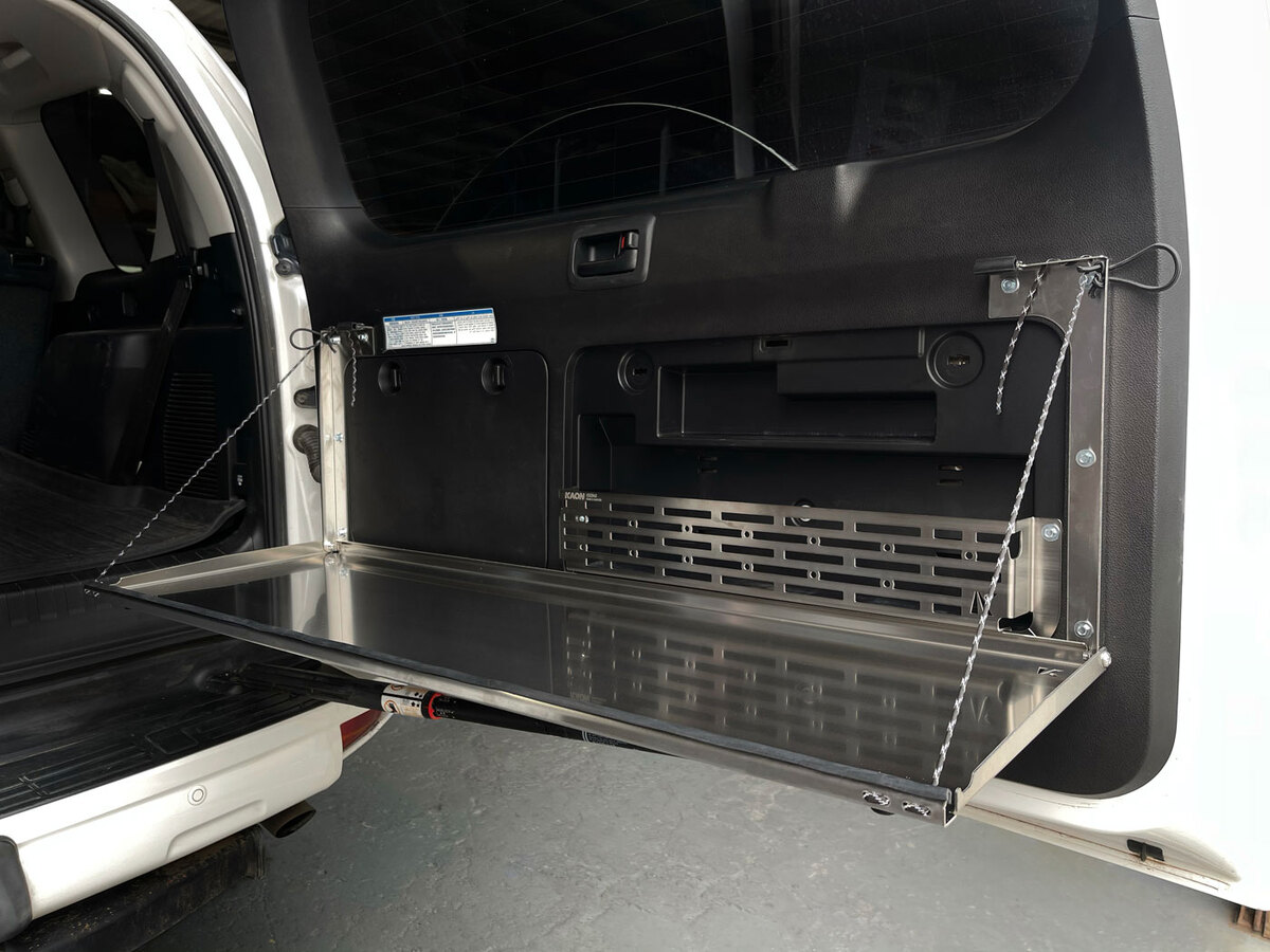 Rear Door Drop Down Table and Cage to suit Toyota Prado 150 / Lexus GX 460 [Colour: Natural Stainless]