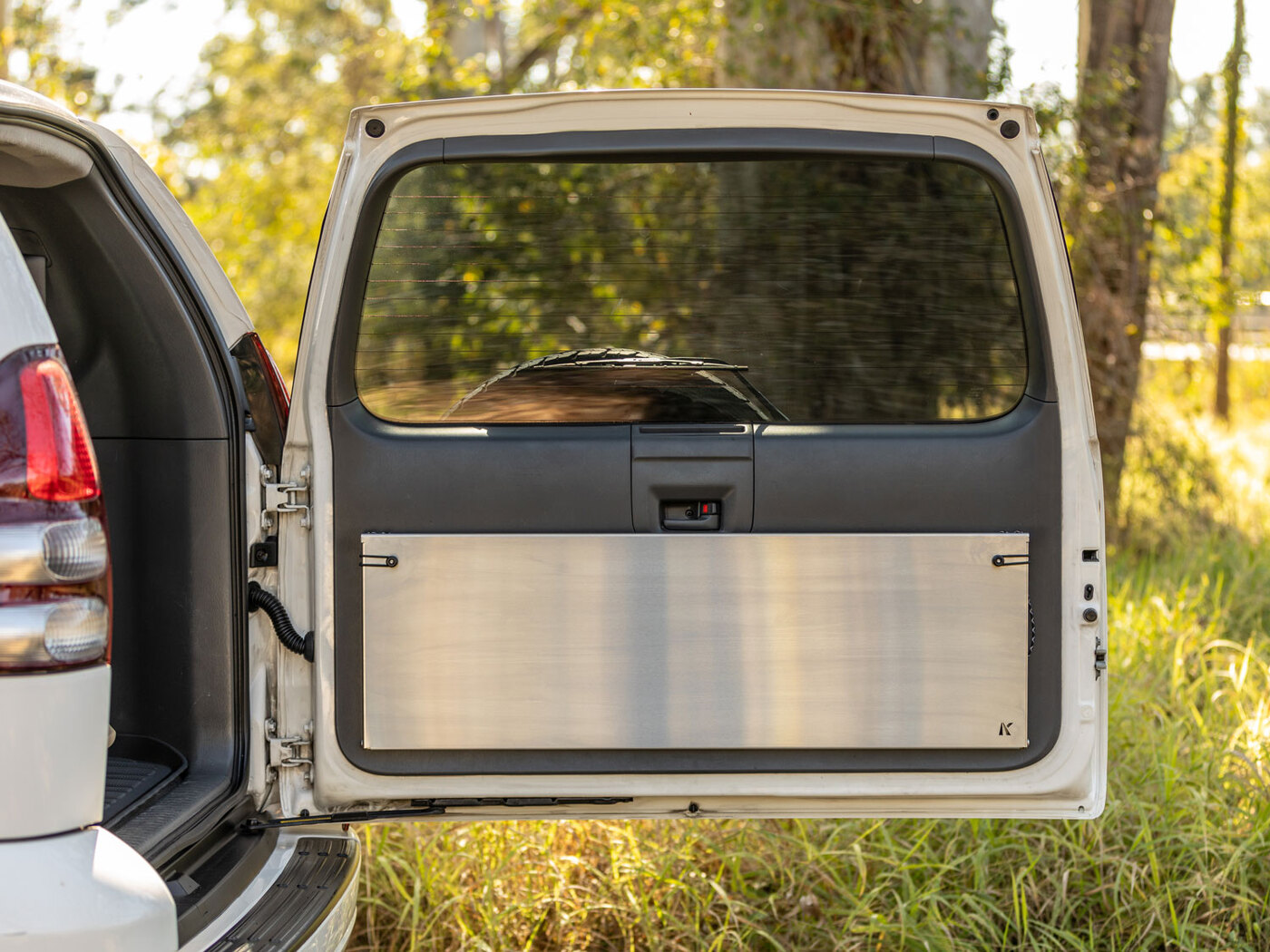 Rear Door Drop Down Table to suit Toyota Prado 120 / Lexus GX 470 [Colour: Natural Stainless]